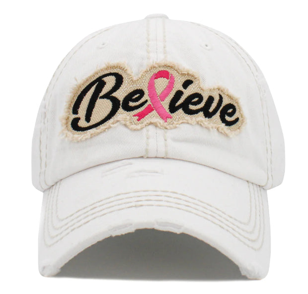 BELIEVE - WHITE - PINK RIBBON WASHED VINTAGE BALL CAP
