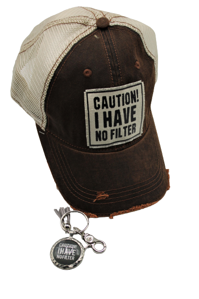 Caution I have NO Filter Gift Set - Hat AND Pewter USA Handmade Keychain!