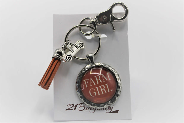 FARM GIRL - Pewter Hammered Keychain - USA Made